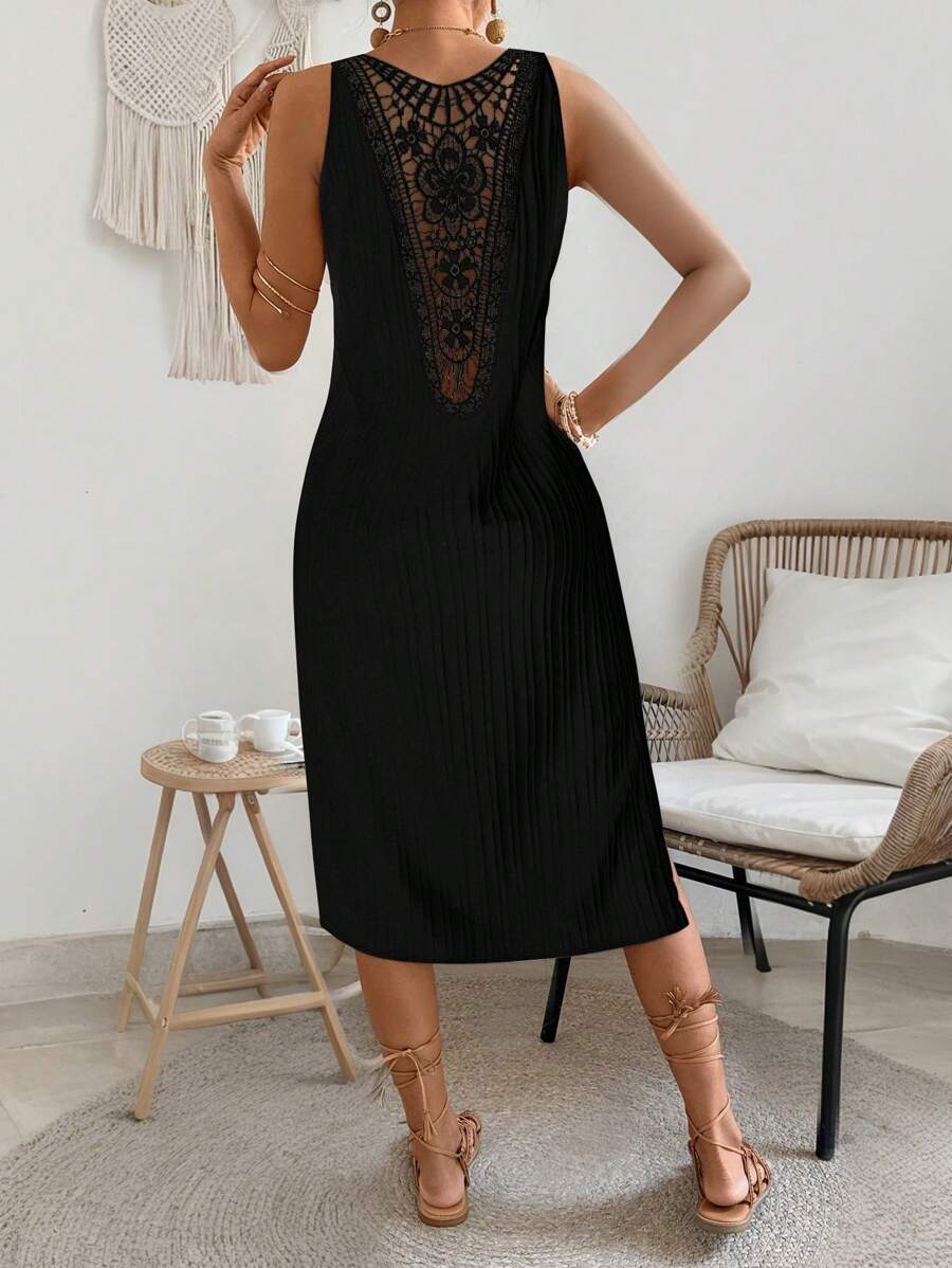 Breezaya Women Summer Backless Lace Splicing Slit V-Neck Sleeveless Tank Dress - Black - View 1