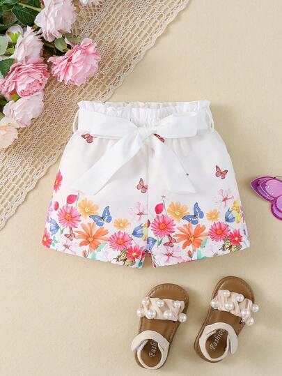 寶貝女孩春夏季花卉印花深藍色優雅休閒可愛短褲