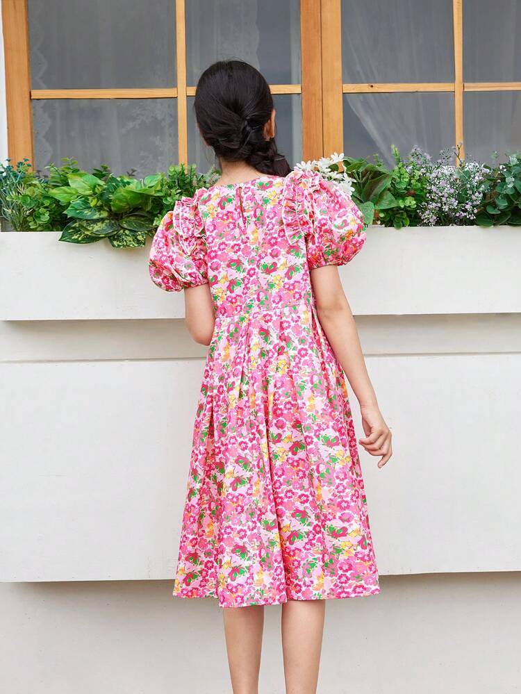 Tween Girl Loose Casual Sweet Japanese Style Off-Shoulder Puff Sleeve Elastic Waist Floral Dress