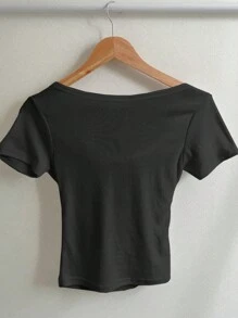 DAZY Women Solid Color Slim Fit Ruffle Collar Design T-Shirt Summer - Black - View 2