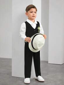 SHEIN Conjunto de 2 peças de cavalheiro jovem, colete elegante estilo empresarial + calças, terno formal para festa de aniversário, casamento, formatura, convidado de casamento, pajem, menino de alianças