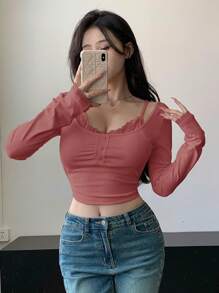 DAZY Atasan Crop Top Lengan Panjang Wanita dengan Motif Renda dan Patchwork - Watermelon Pink - View 4