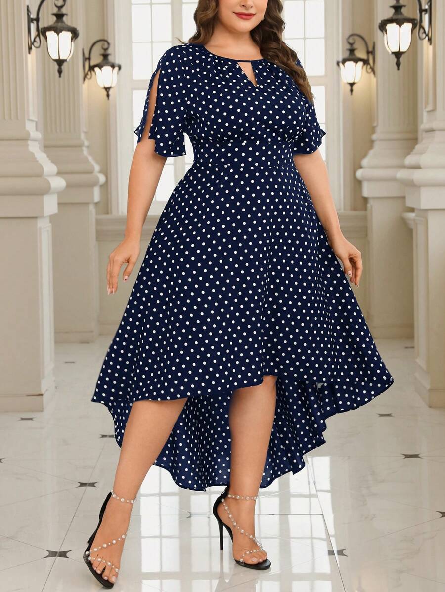 SHEIN Clasi Đầm viền bất đối xứng in họa tiết chấm bi cỡ lớn thanh lịch cho mùa Xuân/Hè - Màu xanh hải quân - Xem 1