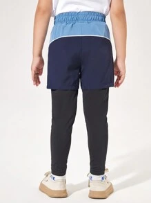 SHEIN Young Boy Elastic Waist Contrast Color 2 In 1 Sports Pants - Blue - View 2