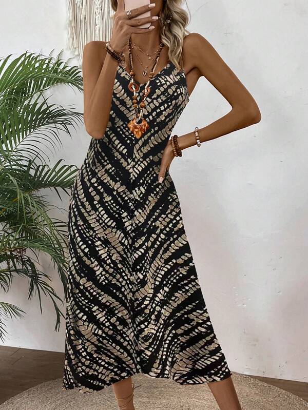 Breezaya Women Summer Casual Long Tie-Dye V-Neck Cami Dress Maxi Vacation Beach Outfit