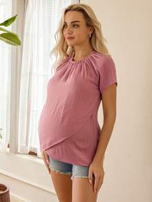 SHEIN Maternity Pleated Design Raglan Sleeve Long Sleeve Sweater Top - Pink - View 6