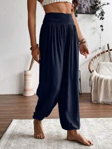 SHEIN LUNE Solid Color Women Simple And Versatile Pants With Pleated And Tapered Hem Fall Cloth For Women - Navy Blue - View 1