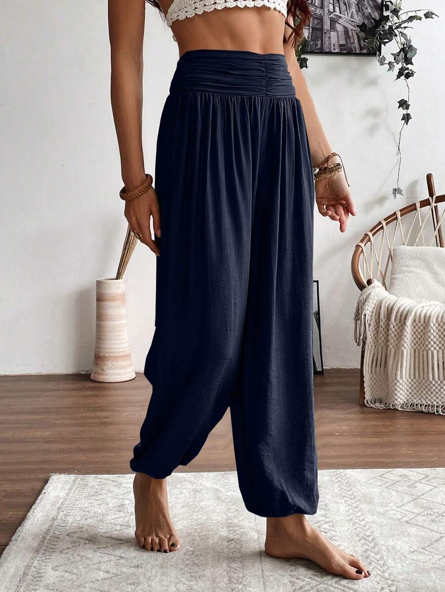 SHEIN LUNE Solid Color Women Simple And Versatile Pants With Pleated And Tapered Hem Fall Cloth For Women - Navy Blue - View 1