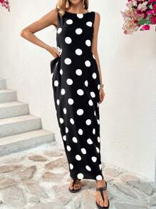 SHEIN Essnce Women's Summer Sleeveless Dot Print Dress Long O Neck Maxi With Big Pockets Casual Dress