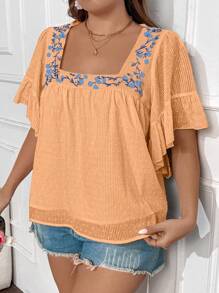 Sunnyshic 大码花卉刺绣衬衫，带荷叶边和纹理面料 - 橘色 - 查看 3