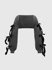 ROMWE Kawaii Plus Size Himekaji Casual Layered Look Cute Bow Tie Waist Belt Decorated Lantern Sleeve Cardigan, Air Conditioning Jacket, School