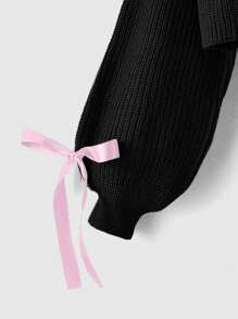 ROMWE Kawaii Suéter De Mangas De Linterna Con Frente Abierto, Estilo Ladylike Suave Y Encantador Con Decoración De Lazo