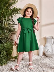 SHEIN Tween Girl Extended Size Casual And Vacation Spring/Summer Solid Color Woven Round Neck Ruffle Trim Sleeveless Dress - Dark Green - View 5