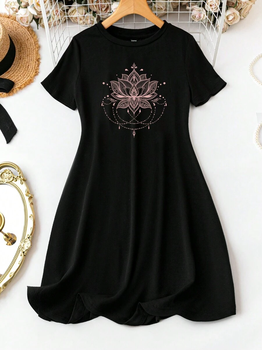 SHEIN LUNE Đầm cỡ lớn tay ngắn đơn giản và giản dị, hoàn hảo cho mùa hè - màu đen - Xem 1
