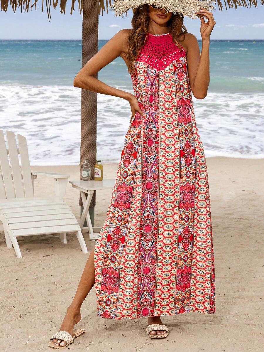 SHEIN LUNE Phong cách Bohemian Halter Cổ dài dáng rộng xẻ tà không tay ống rộng - Nhiều màu - Xem 1