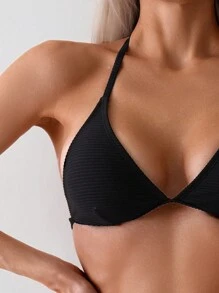 SHEIN Swim Solid Color Chain Decoration Backless Tie Halter Neck Bikini Set Summer