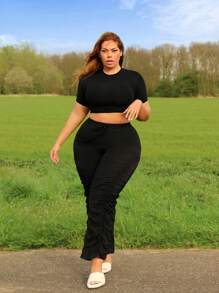 SHEIN SXY Cộng với kích thước thông thường Quần dây rút eo đàn hồi có nếp gấp - Xám - Xem 3