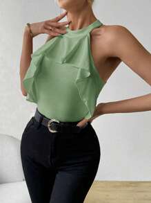 SHEIN Privé Women Solid Color Ruffle Trim Halter Neck Bodysuit, Suitable For Valentine Day, Vacation, Beach, Shopping, Wedding Season - Mint Green - View 6