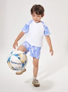 Young Boy Random Printed Patchwork Casual Raglan Sleeve T-Shirt And Shorts Sportswear For Daily Wear - White - View 3