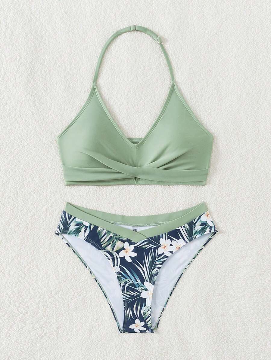 Teen Girl Holiday Áo dây màu trơn và quần đùi tam giác in hoa nhiệt đới Bộ bikini đơn giản đi biển mùa hè - Nhiều màu - Xem 1