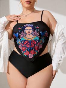 Frida Kahlo X SHEIN Plus Size Knitted Casual Figure And Floral Print Bikini Set, Summer - Black - View 1