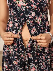 SHEIN V-Neck Floral Print Crisscross Wrap Sleeveless Nursing Dress For Maternity - Multicolor - View 3