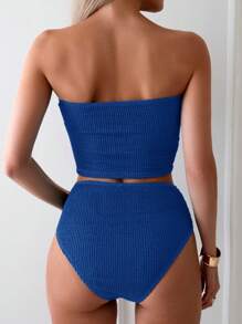 SHEIN Swim 夏季海灘女士顏色純淨打褶無肩帶上衣和下褲 - 寶藍色 - 查看 2