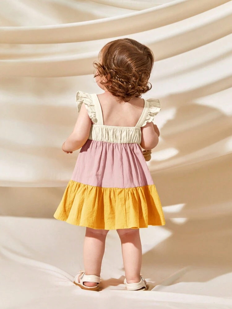 Baby Girl Color Block Square Collar Flutter Sleeve Dress