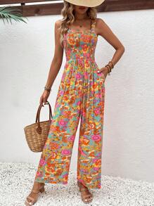 Breezaya Bộ áo liền quần nữ in hoa phong cách đi nghỉ có túi và ống rộng vừa vặn - Nhiều màu - Xem 1