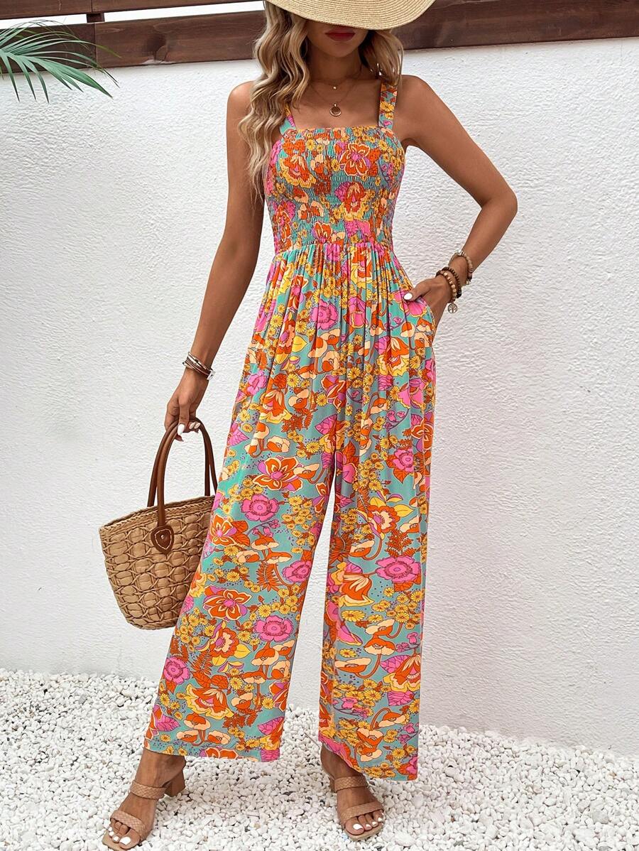 Breezaya Bộ áo liền quần nữ in hoa phong cách đi nghỉ có túi và ống rộng vừa vặn - Nhiều màu - Xem 1