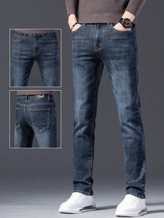 Män Casual Relaxed Fit Raka ben tvättade jeansjeans