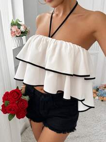 Breezaya Women Summer Contrast Trim Ruffle Trim Halter Neck Crop Cami Top - Multicolor - View 6