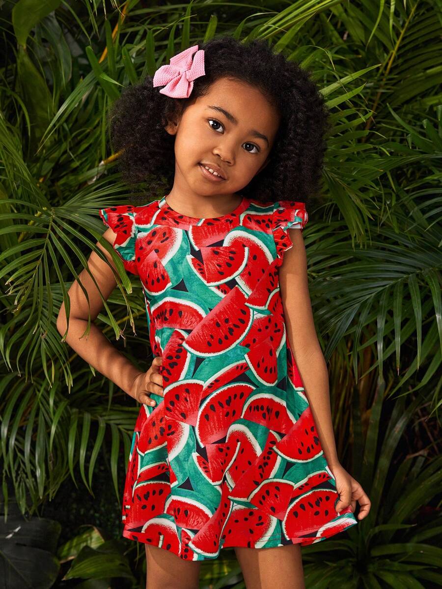 SHEIN Vestido de manga corta con cuello redondo y diseño de sandía, lindo y moderno para una niña - Rojo - Ver 1