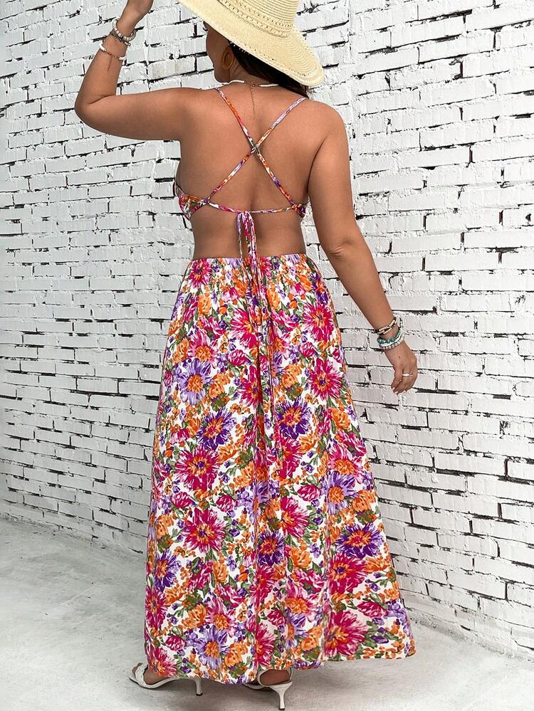 Plus Size Floral Print Backless Dress For Vacation