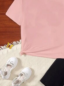 SHEIN Tween女生休閒T恤和緊身短褲2件套裝 - 粉色 - 查看 3