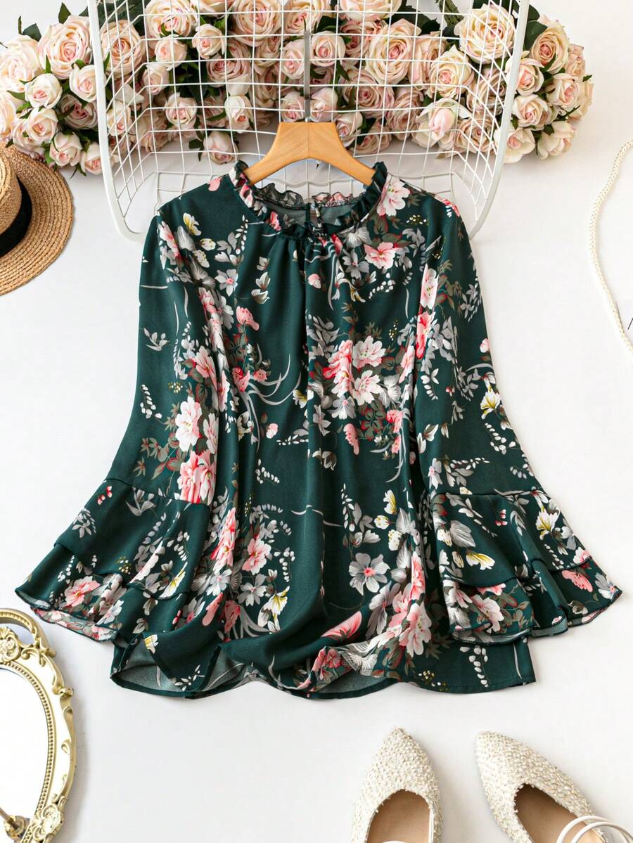 SHEIN LUNE Plus Size Women Loose Shirt With Floral Print, Peter Pan Collar, Frill Trim, And Bell Sleeves For Spring/Summer - Multicolor - View 1