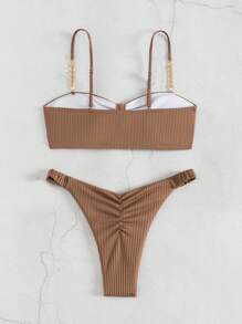 Swim Mod Solid Color Textured Special Fabric With Sparkle Decoration Chest Fold Bikini , Summer Beach - Coffee Brown - View 2