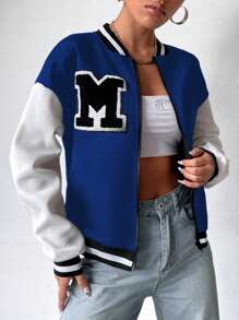 Flirla Letter Patched Striped Trim Drop Shoulder Two Tone Varsity Jacket Fall Winter Cloth For Women - Blue - View 3