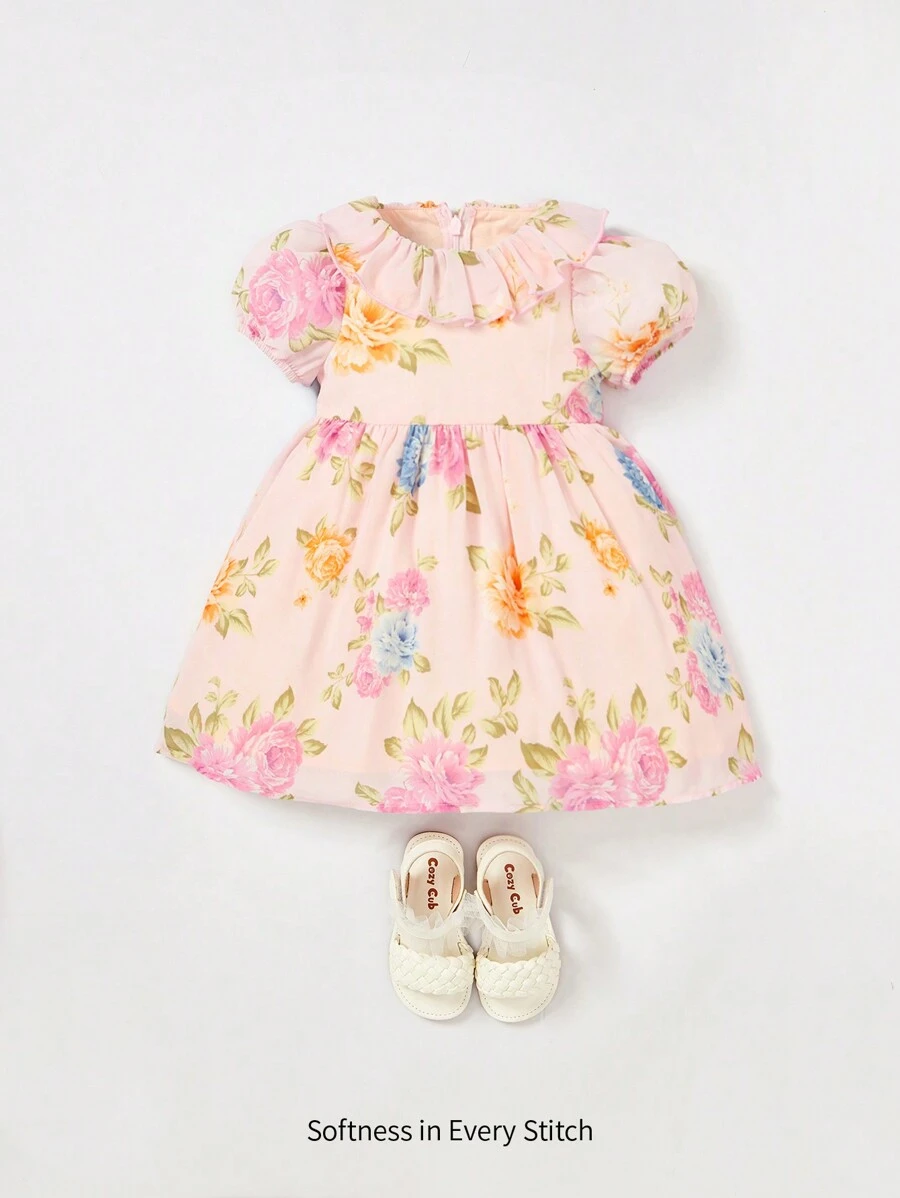 SHEIN 嬰兒印花荷葉邊泡泡袖連衣裙 - 彩色 - 查看 1