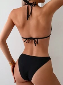 SHEIN Swim Solid Color Chain Decoration Backless Tie Halter Neck Bikini Set Summer
