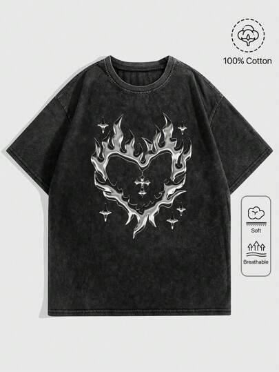 Vintage T-Shirt aus Baumwolle mit abstraktem Herz-Kreuz-Flammen-Muster, ausgewaschener Optik, Rundausschnitt und weitem Schnitt für Damen, Hip-Hop Streetwear, Schule