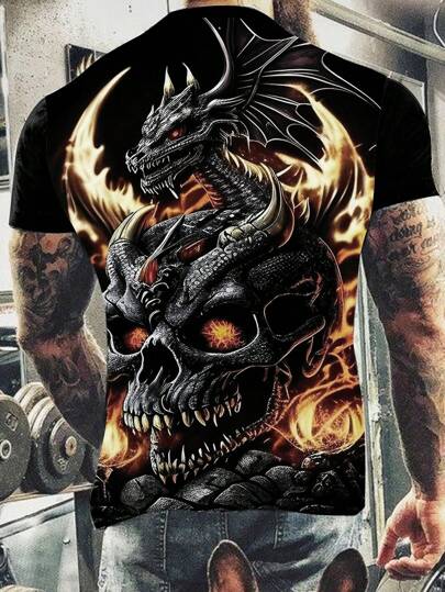 Manfinity LEGND Camiseta de manga corta y cuello redondo con estampado de calavera, para hombres de uso casual en verano, para salir, para el esposo