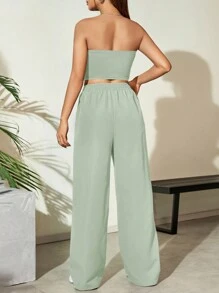 Conjunto de 2 piezas de top tubo y pantalones de pernera ancha de unicolor casual y de moda para mujer en verano - verde menta - Ver 2