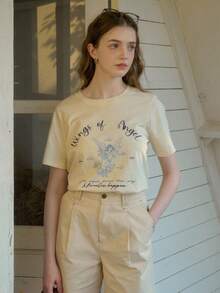 Simple Retro Angel Print Casual Round Neck Short Sleeve T-Shirt - Beige - View 3