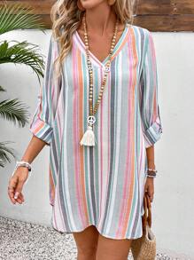 Breezaya Colorful Striped V-Neck Dress With Arc-Shaped Hemline For Spring And Summer Casual Wear Vacation Beach Outfits Women