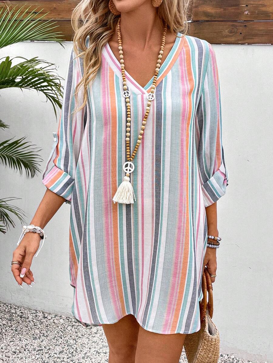 Breezaya Colorful Striped V-Neck Dress With Arc-Shaped Hemline For Spring And Summer Casual Wear Vacation Beach Outfits Women