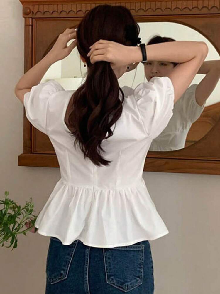 Women Fashionable Puff Sleeve Twist Peplum Blouse,Ruffle Babydoll Top