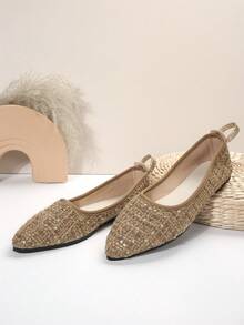 秋季新品：多用途尖頭閃亮仙女淺口平底鞋（女款） - 卡其色 - 查看 4