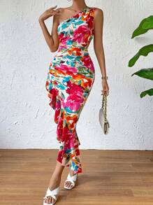 Breezaya Floral Print One Shoulder Ruched Split Thigh Dress Maxi Women Outfit - Multicolor - View 4