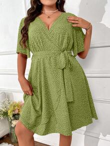 SHEIN Holidaya Váy Xuân/Hè có cổ chữ V thắt lưng có dây buộc cỡ lớn - màu xanh lá - Xem 5